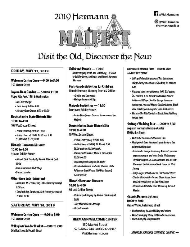 2019 Maifest Schedule of Events front Hermann Missouri