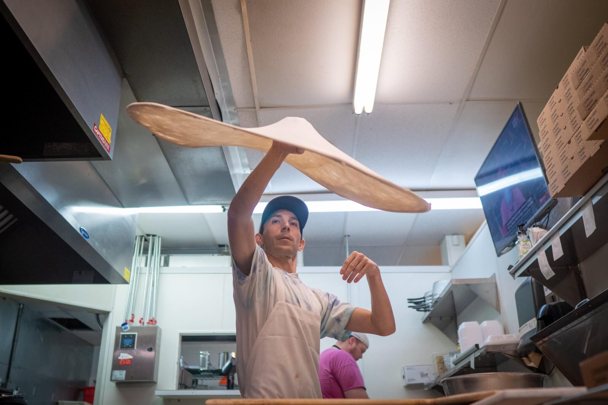 Flying Pizza Dough at 4th Street Pizza