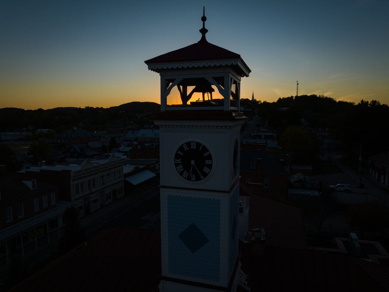 Sunset at the clock tower in Hermann, Missouri.